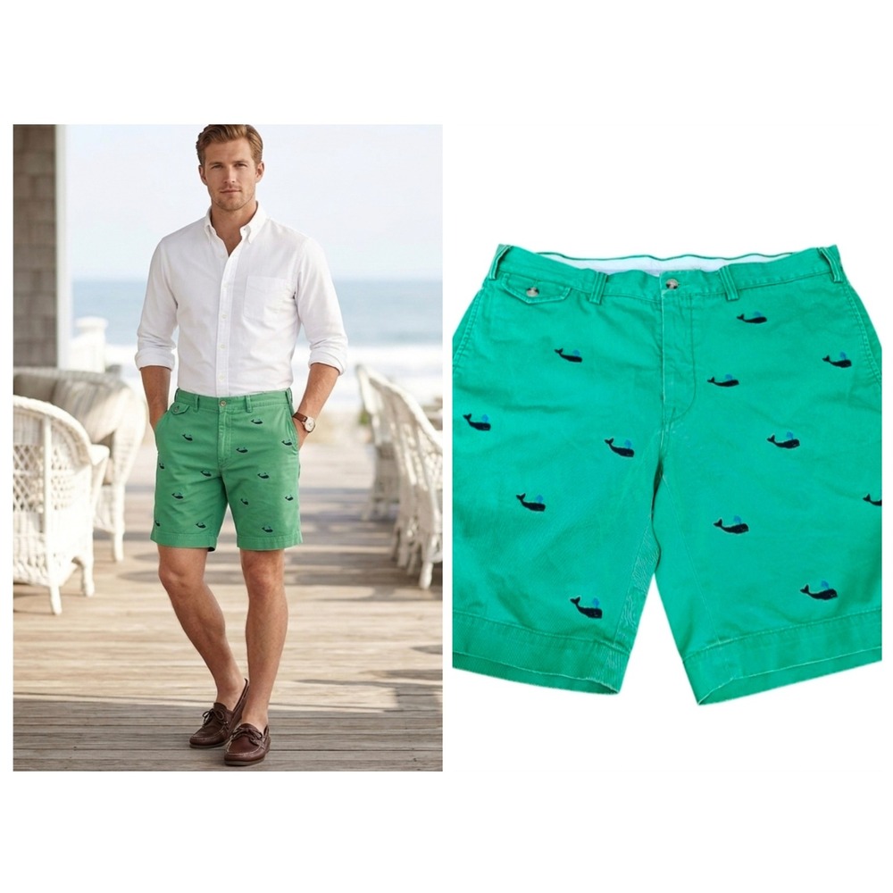 Polo Ralph Lauren Whale Embroidered Chino Shorts Mens Size 36 Green Classic Fit
